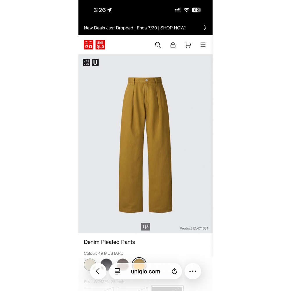 Uniqlo Denim Pleated Pants Mustard 26 Wide Leg Baggy Neutral Casual Streatwear